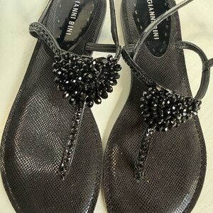 Gianni Bini Black Jeweled T-Strap Sandals with Cluster Crystals
